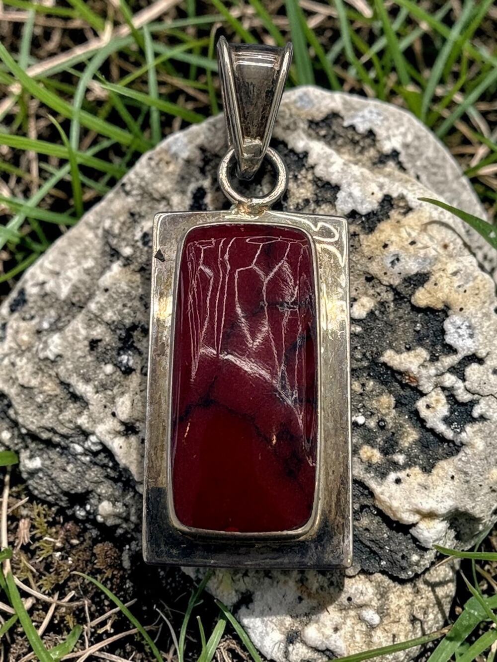 Vintage Silver Pendant with Red Jasper Stone / Distinctive Rectangular Design /